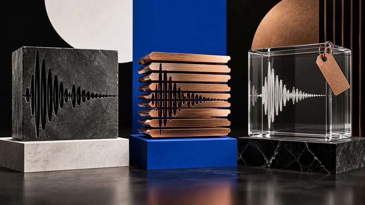 Black, cobalt and copper waveform objects representing different audio containers