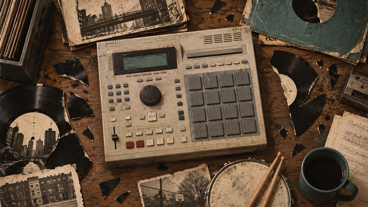 Vintage sampler surrounded by vinyl fragments and dusty studio objects