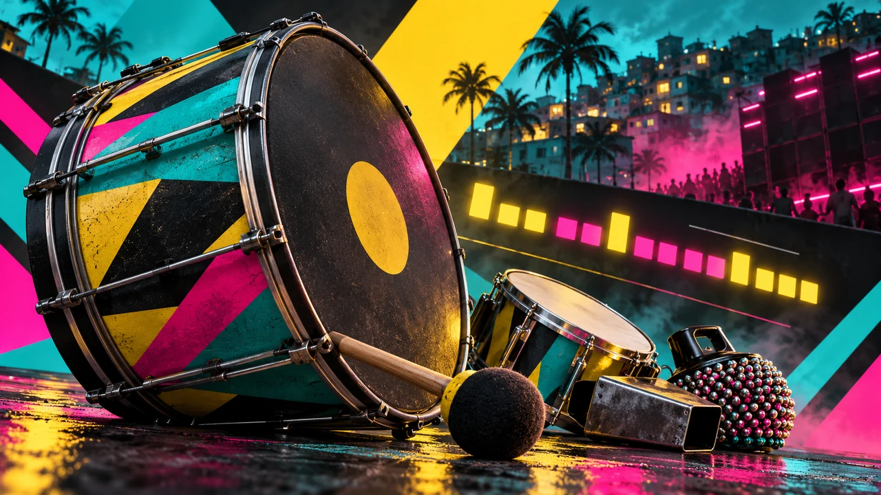 Colorful Brazilian Funk bass drum and percussion in a geometric festival scene