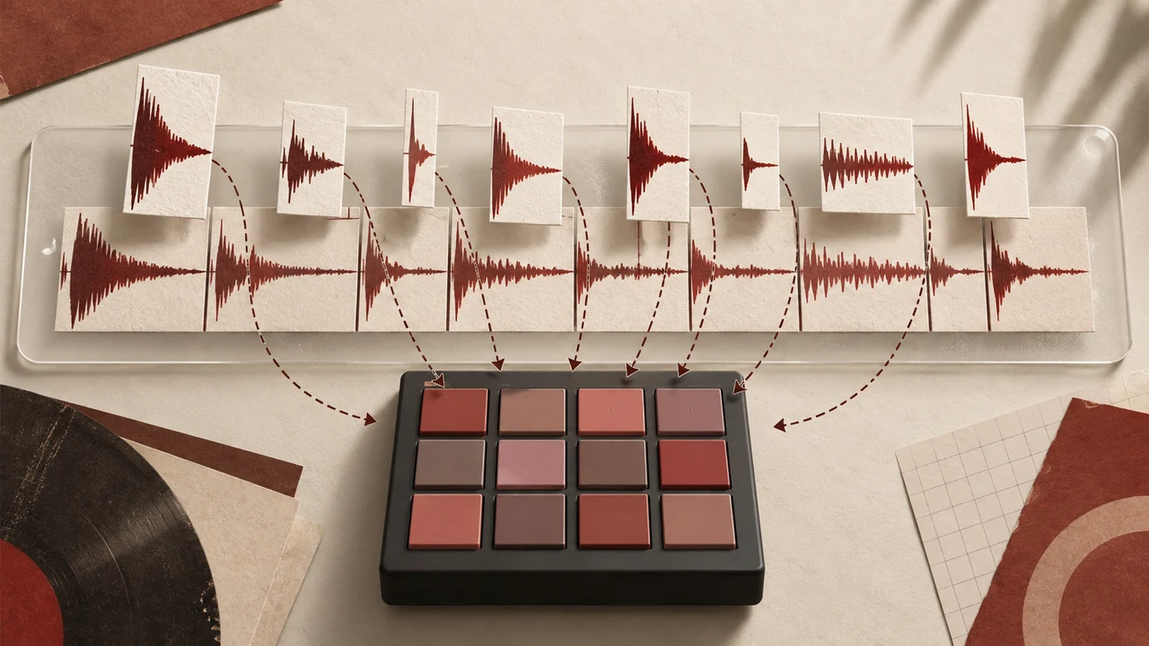 Vintage sampler with a drum waveform divided into musical slices