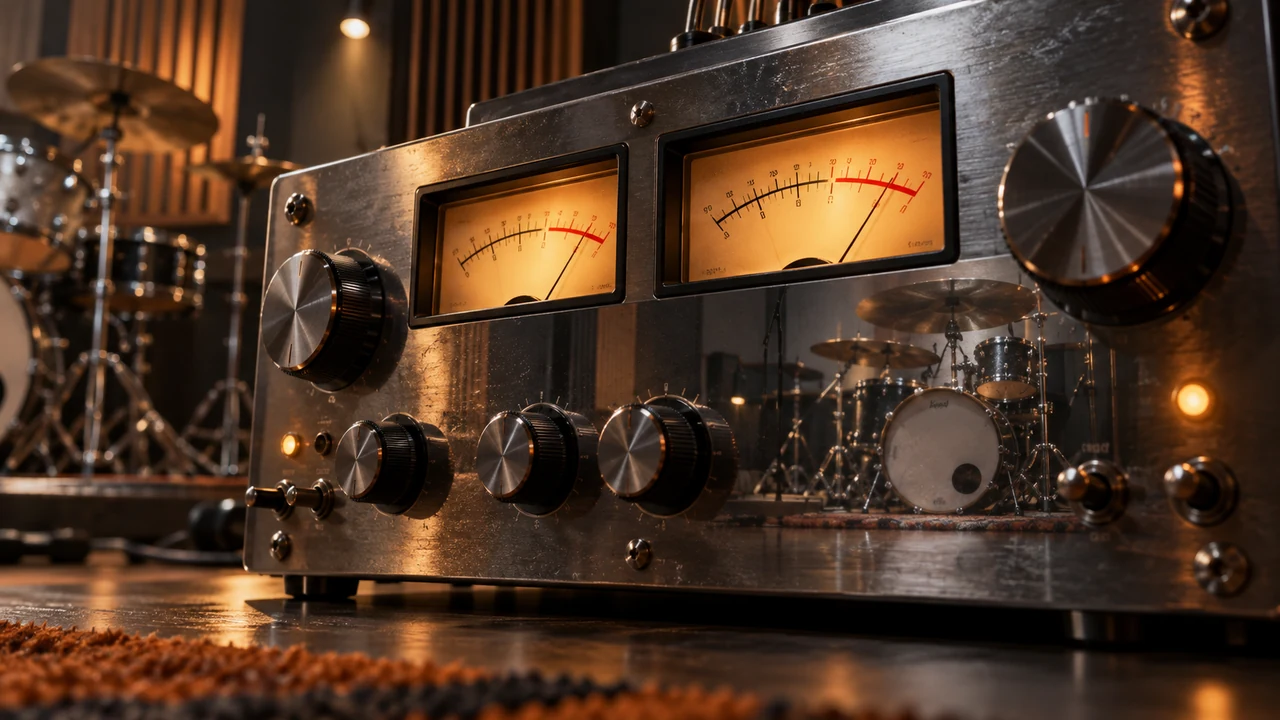 Analog drum bus compressor with warm meters and studio drums reflected in metal