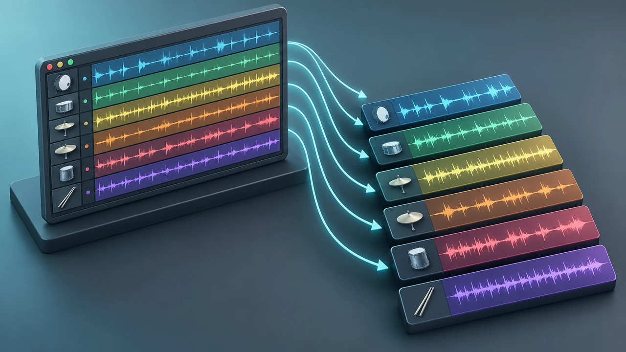 Teal isometric audio stems separating from a music project