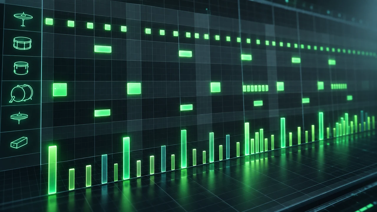 Green holographic note grid representing detailed drum programming