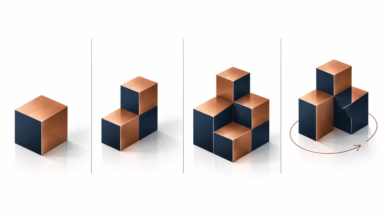 Four copper pattern panels showing controlled variation across a phrase