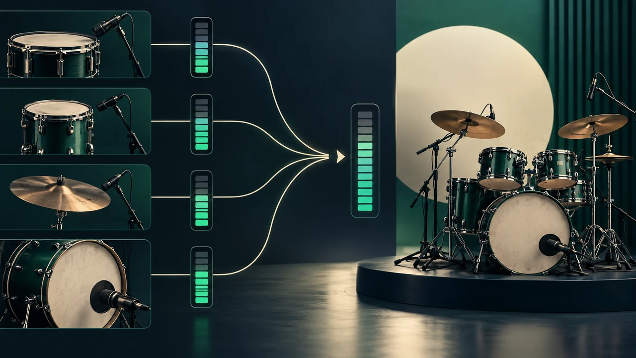 Emerald drum sources feeding balanced cream-colored level meters