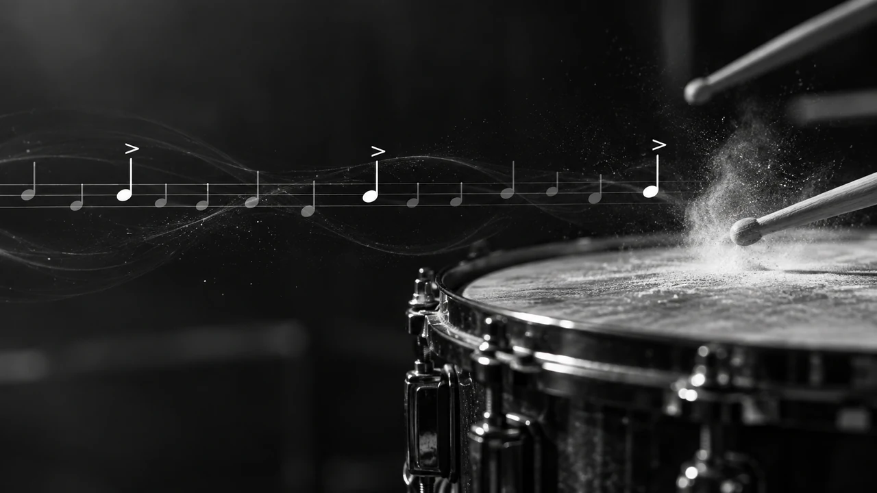 Monochrome snare with subtle ghost-note marks in negative space