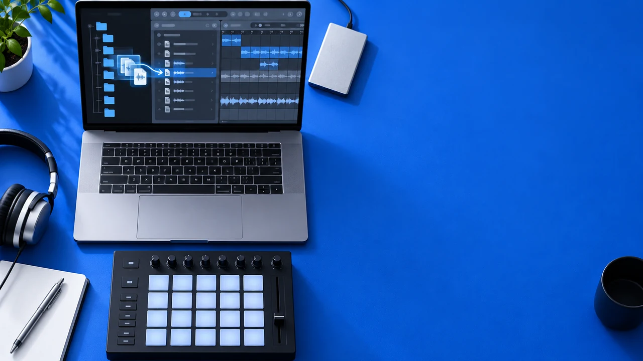 Organized drum kit folders beside a music production controller