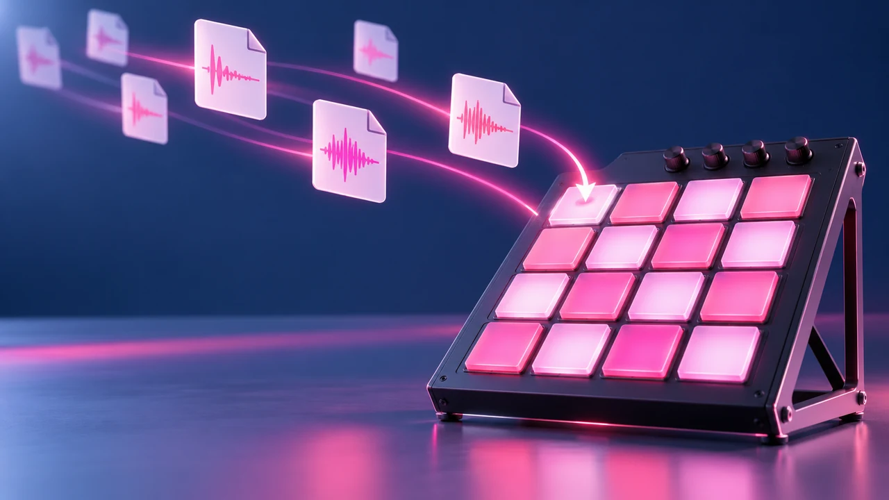 Pink and navy drum rack pads with floating sample objects