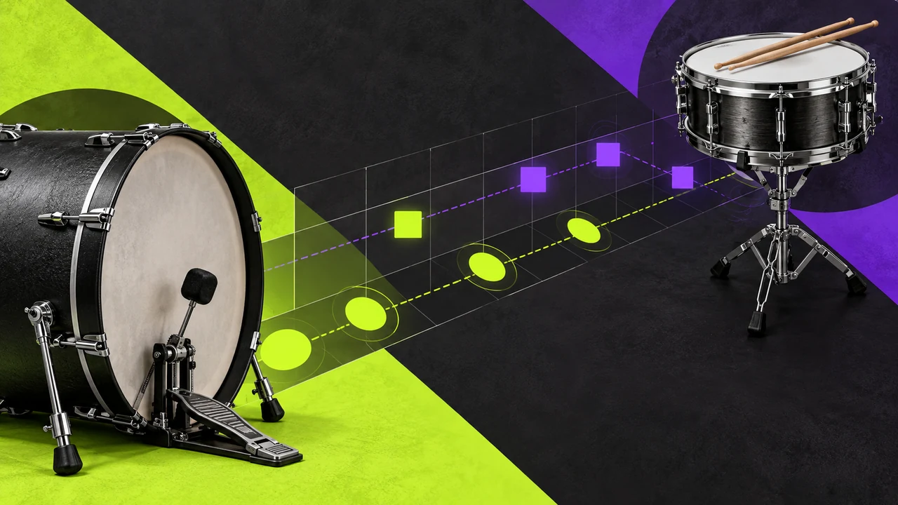 Lime and purple kick and snare forms in a split rhythmic composition