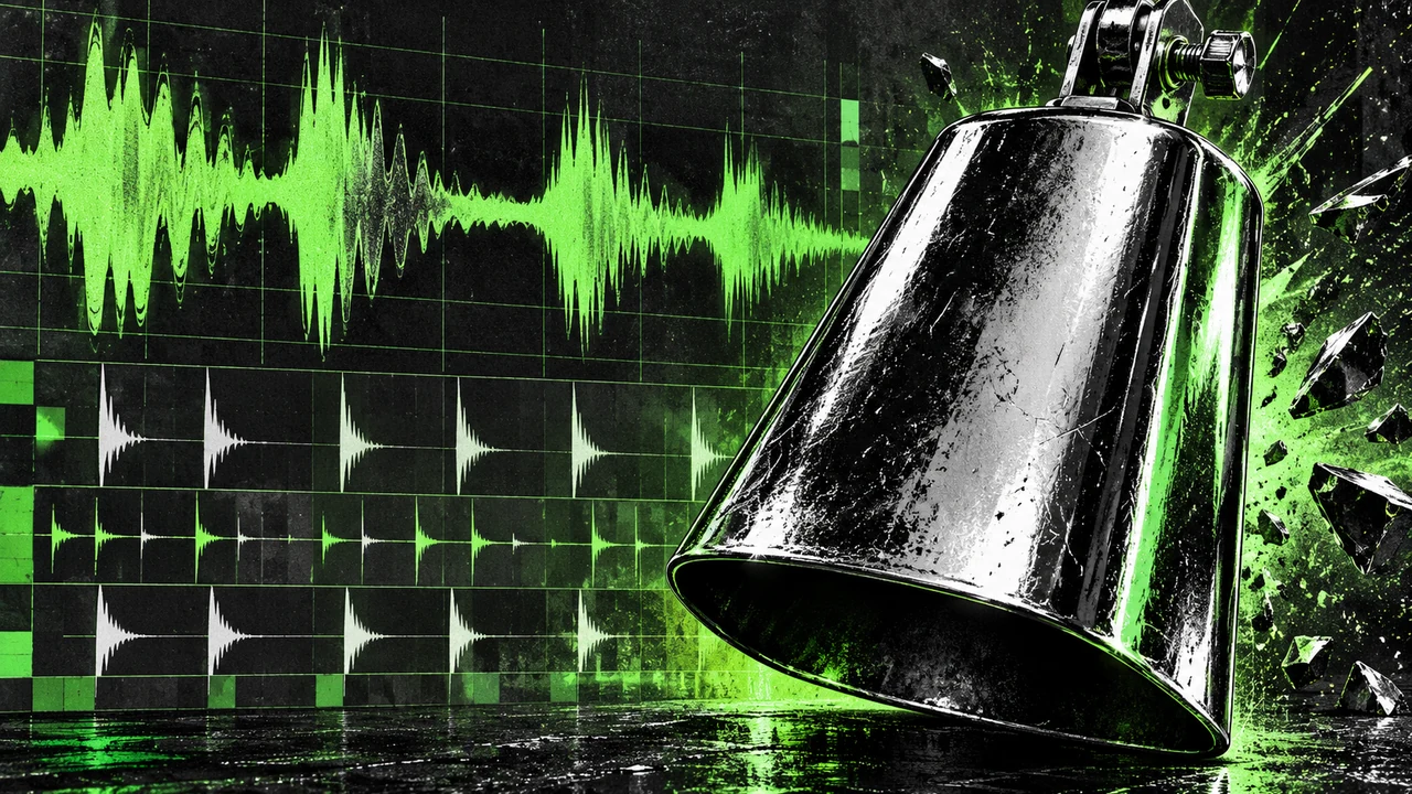 Chrome cowbell against neon green waveforms and a dark grid