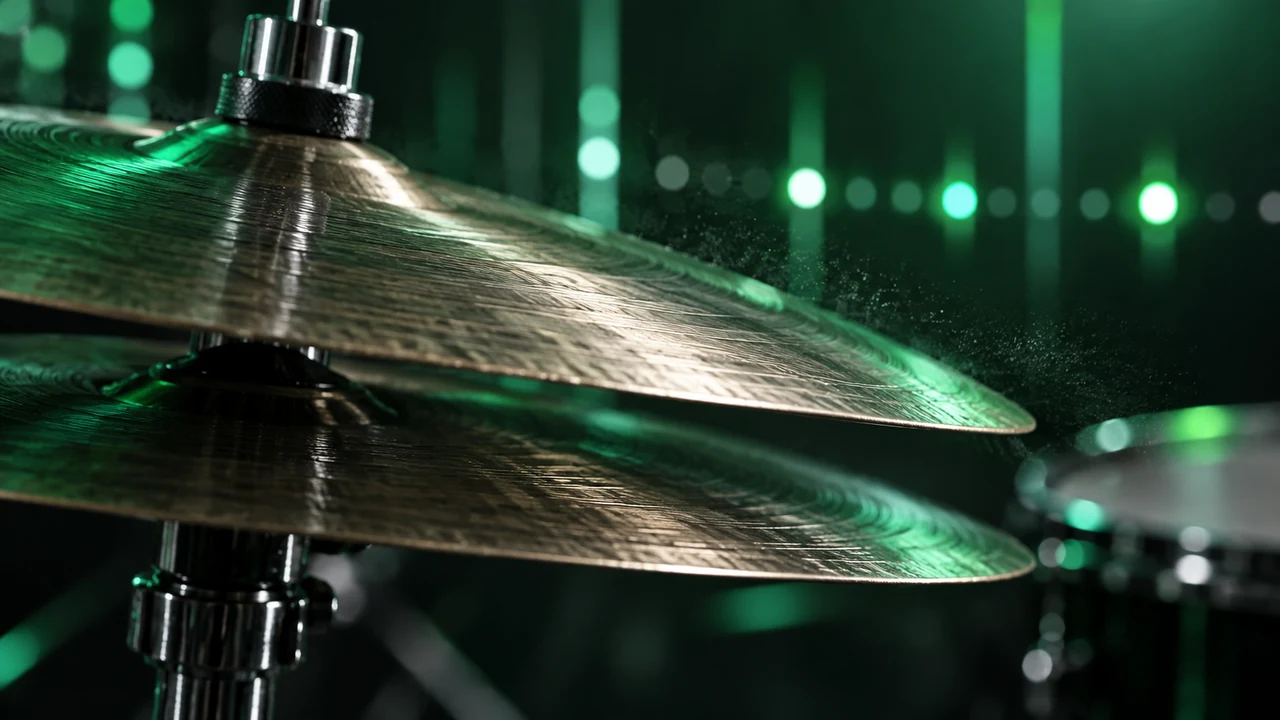 Macro view of emerald hi-hat cymbals in dramatic studio light