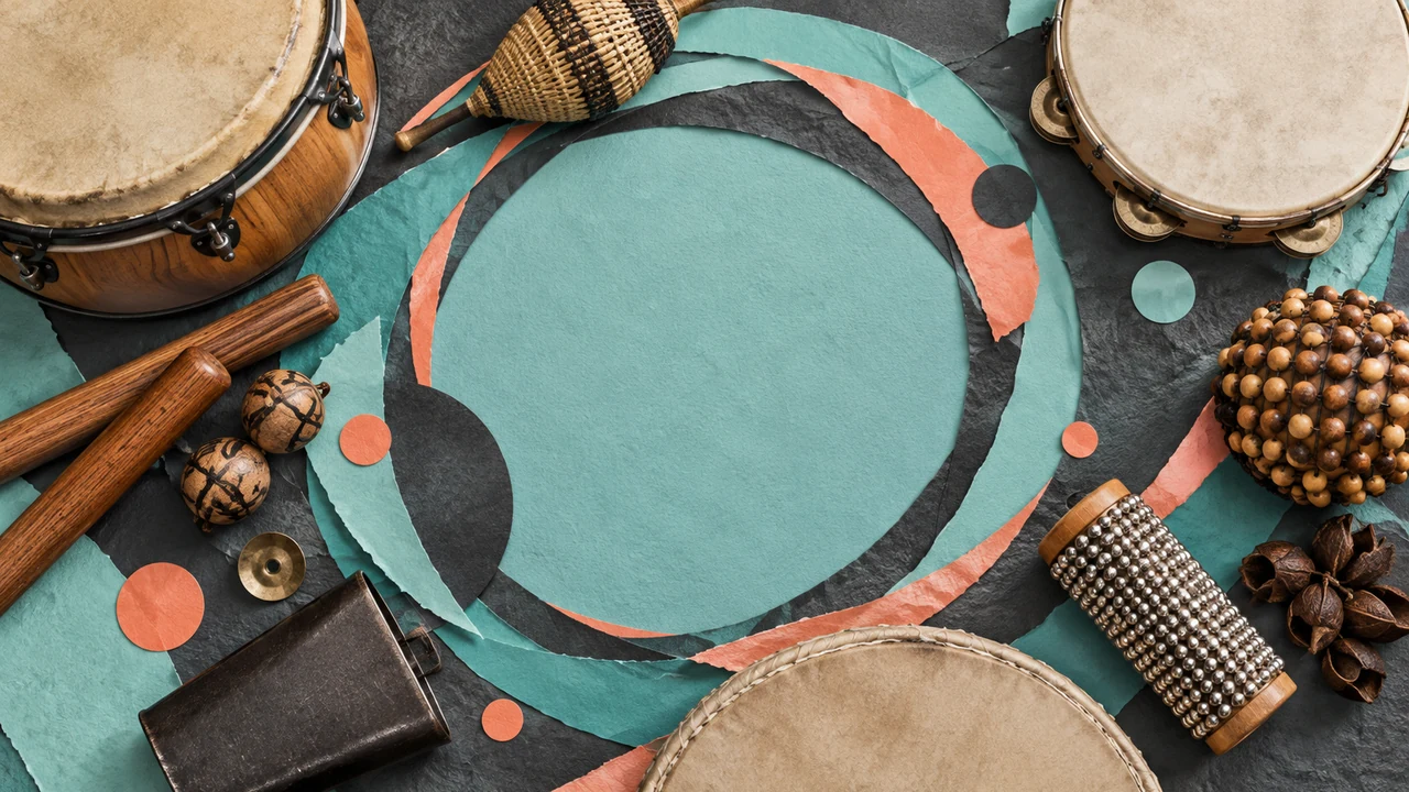 Aqua and coral hand-cut collage of organic percussion instruments