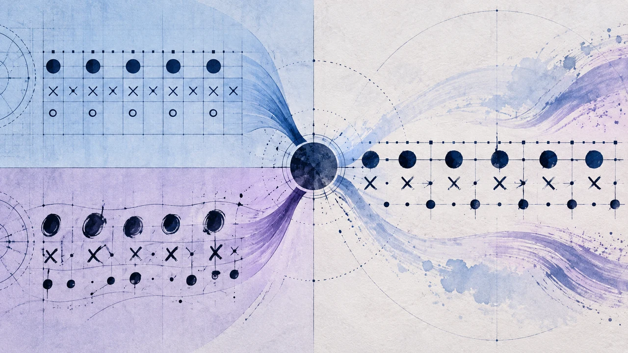 Pastel blueprint grid beside a loose painted drum groove