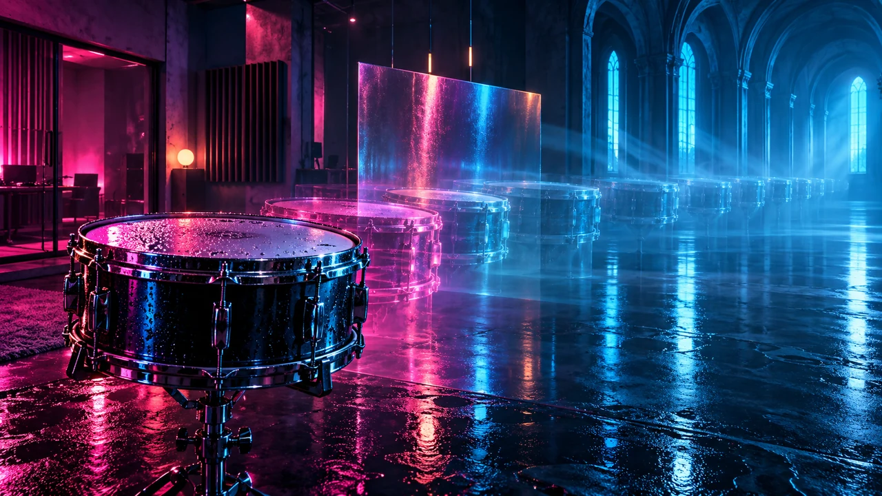 Pink snare transitioning through blue rooms of increasing reverb depth