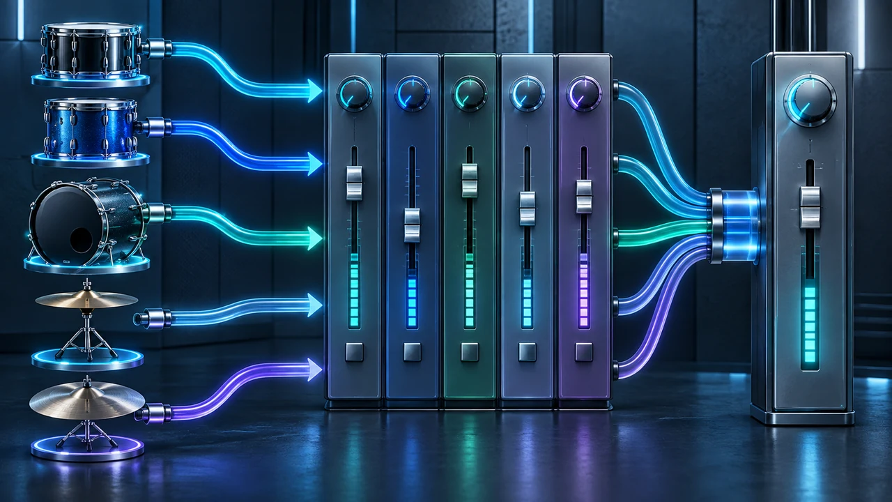 Cyan signal paths connecting drum channels to a central mixer bus