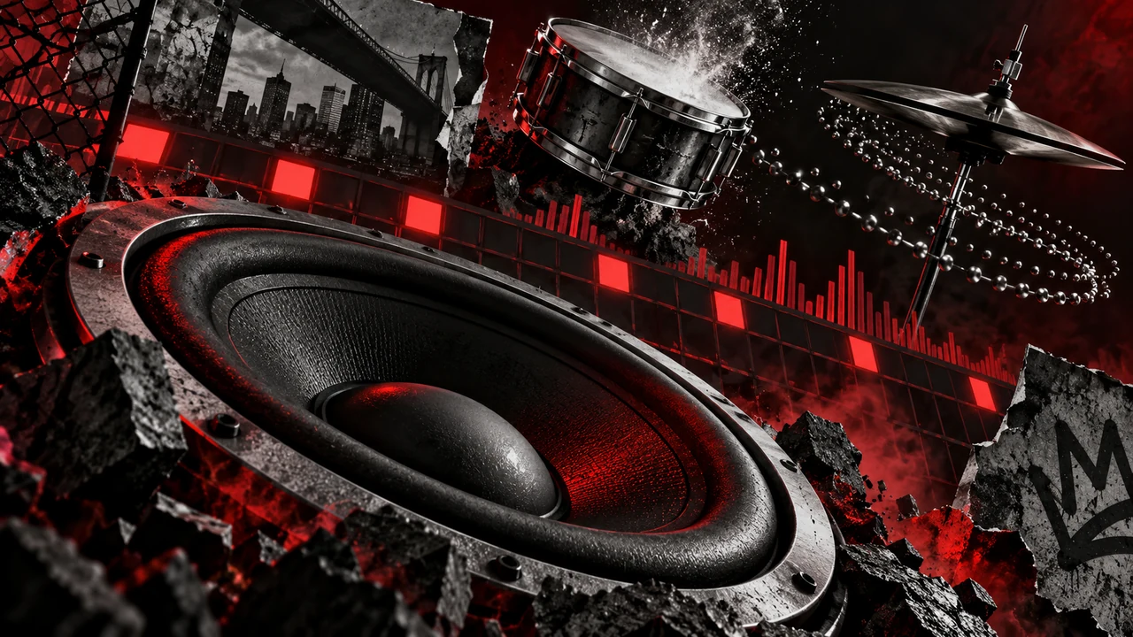 Red and black trap drum collage with subwoofer and rhythmic blocks