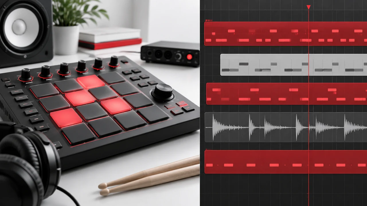 Clean red and white drum sample cells arranged as a Logic-inspired instrument